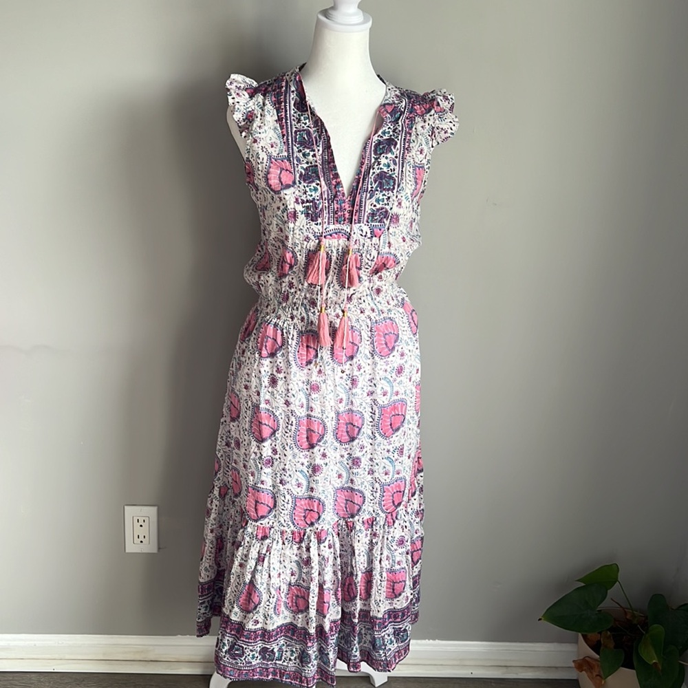Pink Floral Midi Dress with Tassel Tie